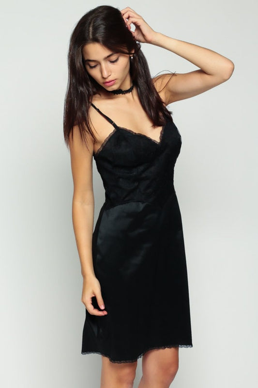 70s Black Lace Slip Dress Sweetheart Neckline Mini Nightgown Small Medium