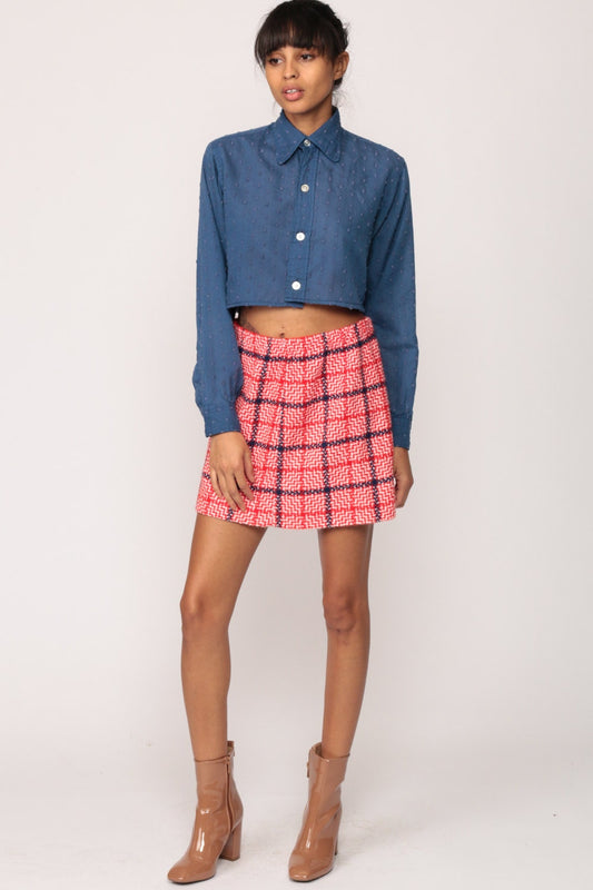 70s Blue Polka Dot Crop Top Long Sleeve Button Up Blouse Small Medium