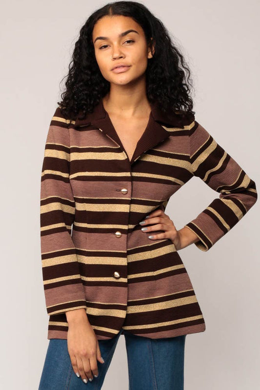 70s Striped Jacket Brown Gold Metallic Button-Up Coat Small