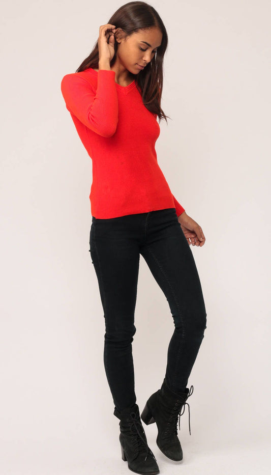 70s Red Knit V-Neck Sweater Long Sleeve Top Extra Small XS