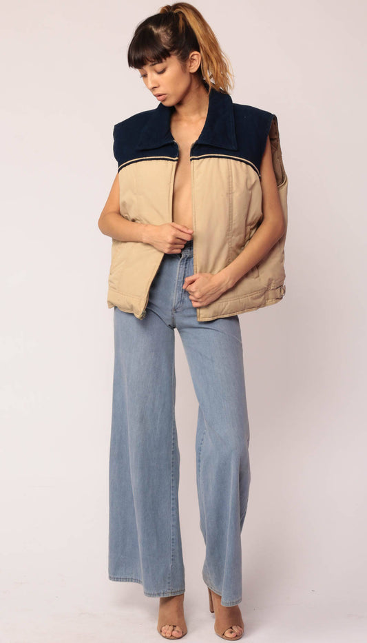 80s Puffer Vest Corduroy Colour Block Down Fill Sleeveless Tan Blue Extra Large