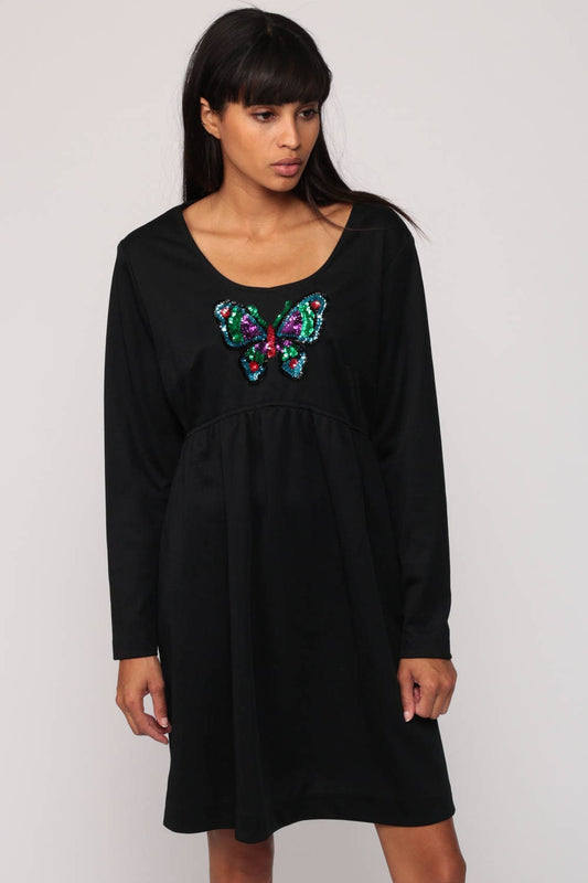 70s Babydoll Minidress Black Sequin Butterfly Empire Waist Long Sleeve Small
