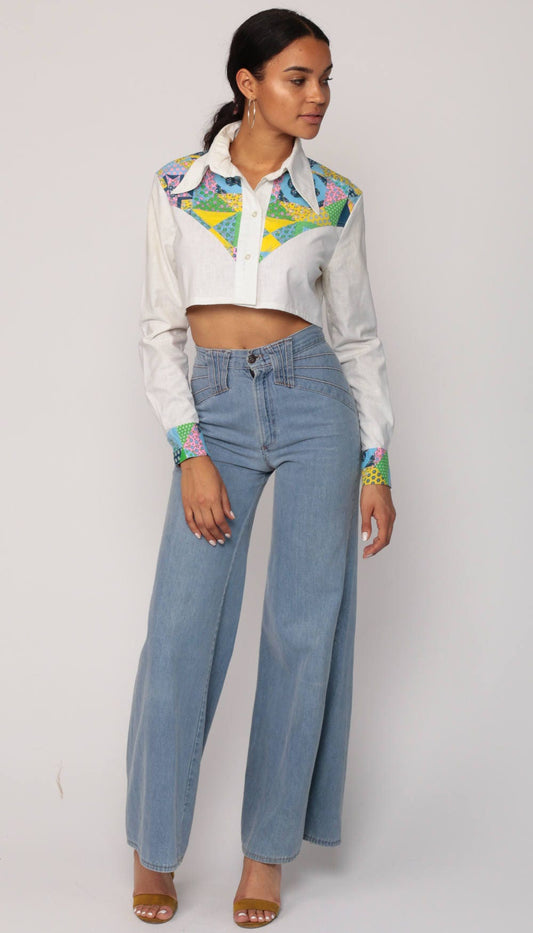 70s Western Shirt Patchwork Floral Yoke Crop Top White Long Sleeve Small