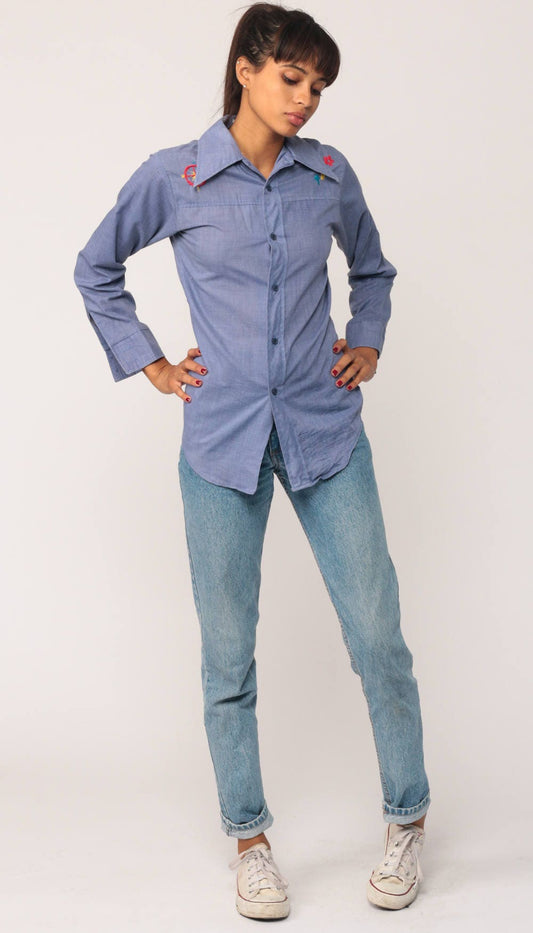 70s Western Chambray Shirt Embroidered Compass Flowers Blue Long Sleeve Extra Small