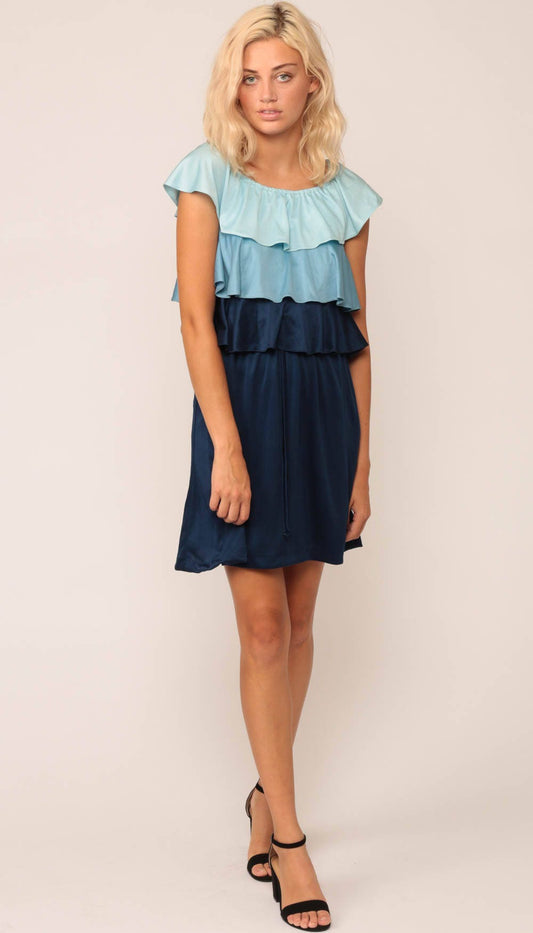 70s Blue Striped Mini Dress Tiered Flutter Sleeve Medium Large