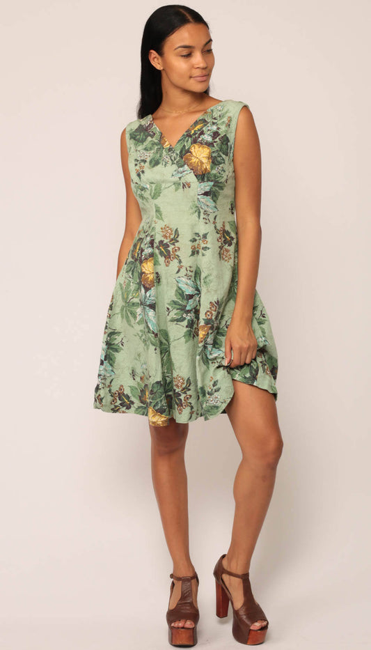 1950s Green Floral Leaf Print Sleeveless V-Neck Mini Dress Empire Waist Large