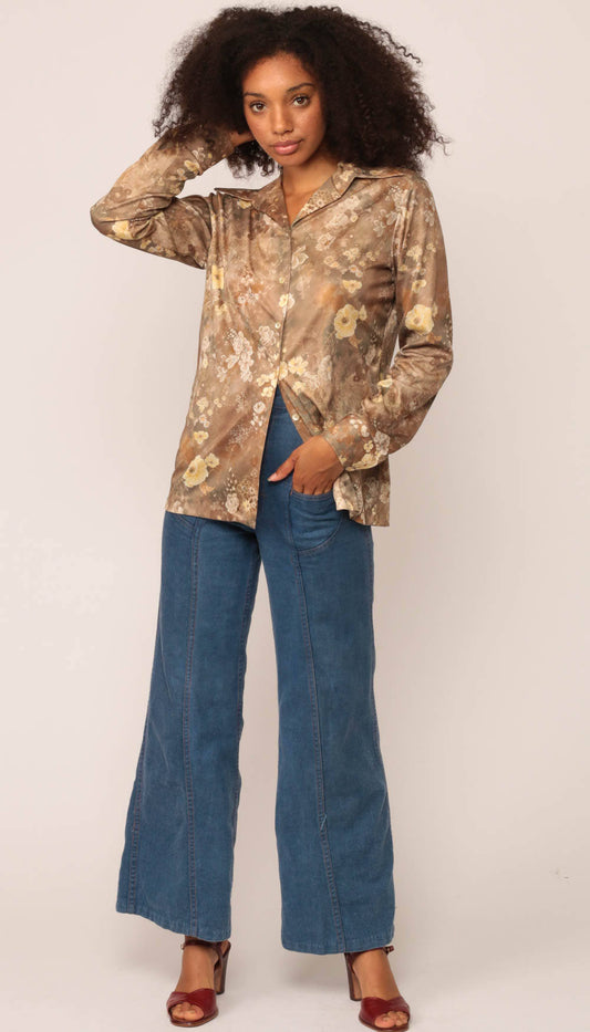 70s Floral Button-Up Blouse Brown Yellow Long Sleeve Shirt Large