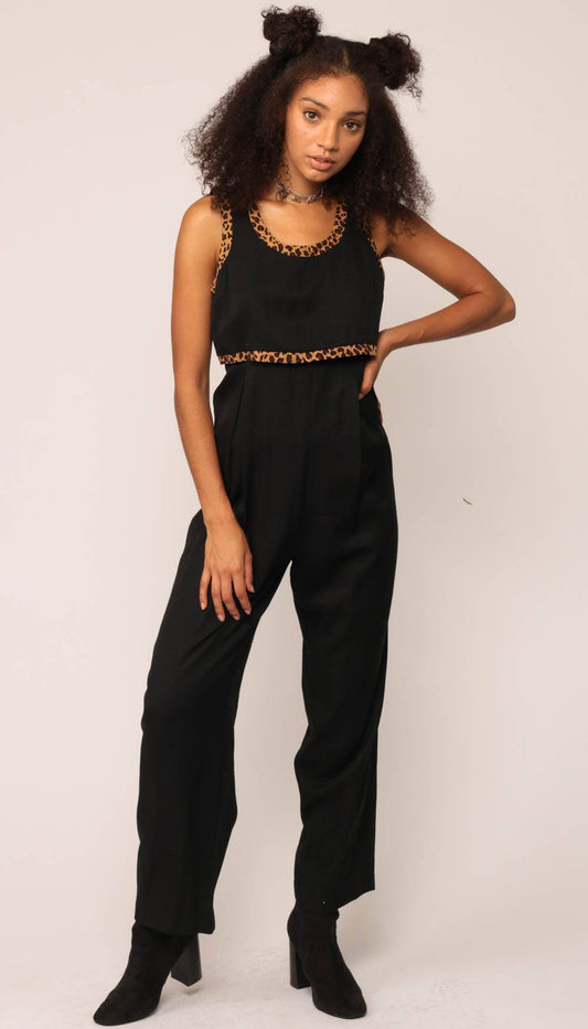 80s Black Leopard Print Jumpsuit High Waisted Tank Romper Small Medium