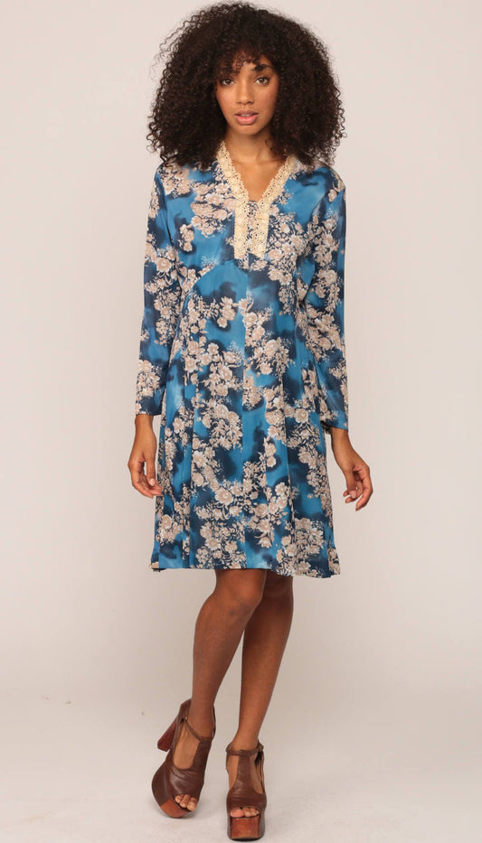 70s Floral Mini Dress Empire Waist Long Sleeve Blue Lace Trim Extra Large