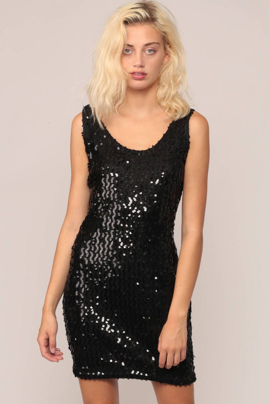 90s Black Sequin Mini Dress Bodycon Sheath Sleeveless Medium Large