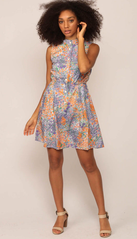 70s Floral Mini Dress Purple Orange Button Up Sleeveless High Waist Small