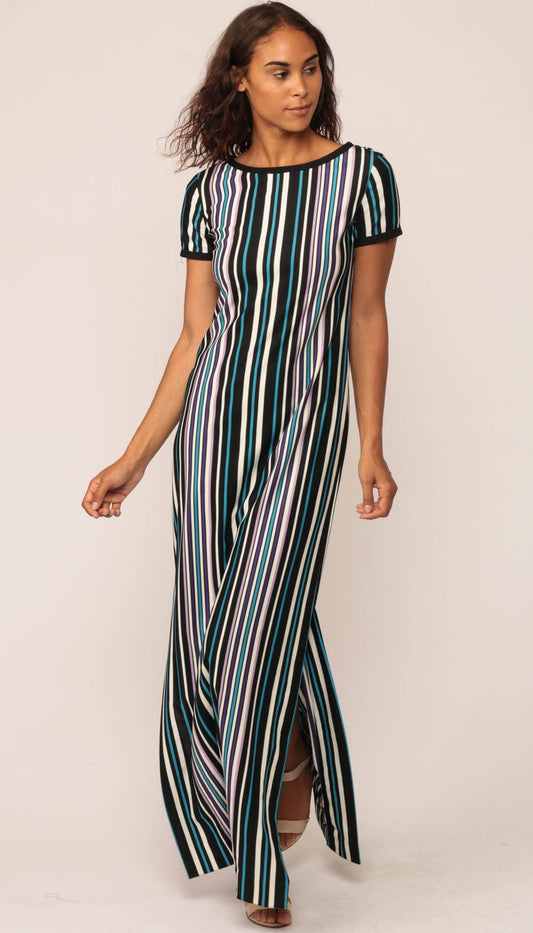 70s Striped Maxi Dress Black Blue Vertical Stripe Short Sleeve Slit Small