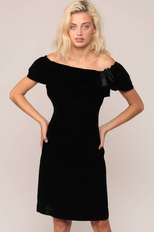 80s Black Velvet Off-Shoulder Mini Dress Sheath Pencil Cocktail Medium