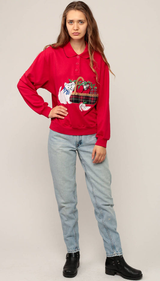 80s Cat Kitten Apple Basket Graphic Sweatshirt Red Collared Medium