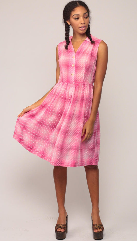 1960s Pink Checkered Cotton Day Dress Sleeveless Button-Up Knee Length Large