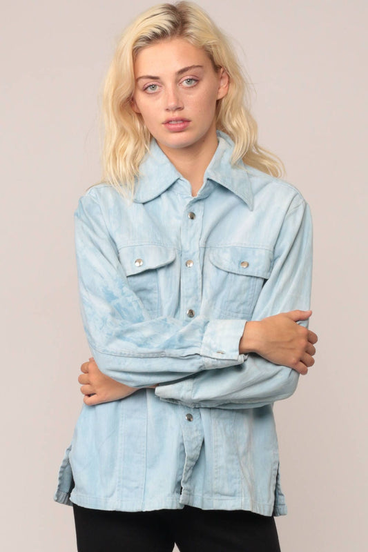 70s Blue Denim Button-Up Shirt Long Sleeve Snap Front Large