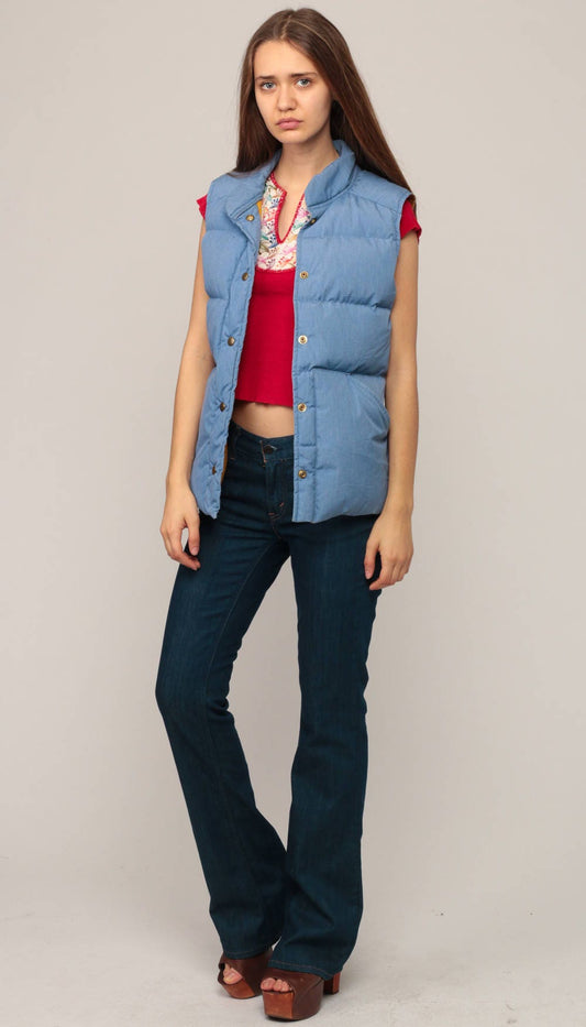 70s Goose Down Puffer Vest Blue Sleeveless Unisex Extra Small