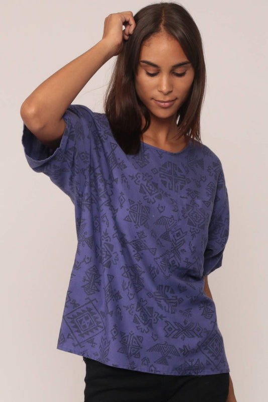 80s Aztec Tribal Print T-Shirt Purple Pocket Tee Medium Large