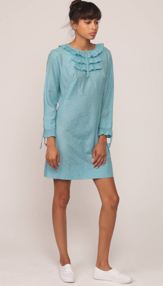 60s Blue Gingham Mini Dress Mod Shift Long Sleeve Ruffle Extra Small XS
