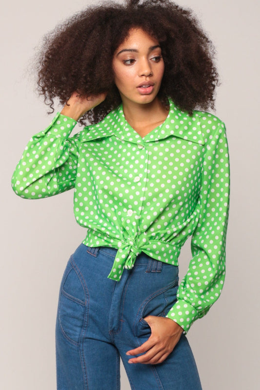 70s Lime Green Polka Dot Crop Top Long Sleeve Button Up Blouse Medium Large