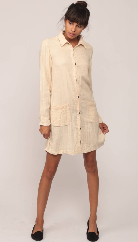 90s Cream Cotton Button-Up Mini Shirtdress Long Sleeve Extra Small XS