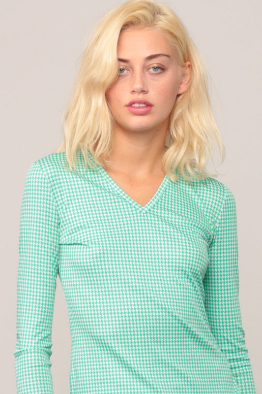 70s Green White Houndstooth V-Neck Long Sleeve Shirt Small Medium