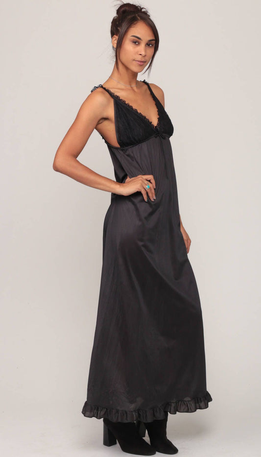 70s Black Lace Maxi Slip Dress Empire Waist V-Neck Nightgown Small