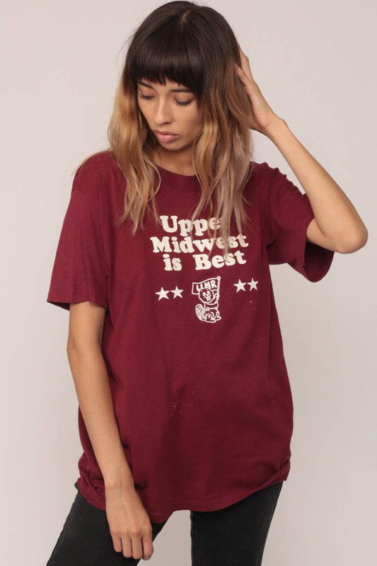 90s Upper Midwest Is Best Beaver Graphic T-Shirt Burgundy Large