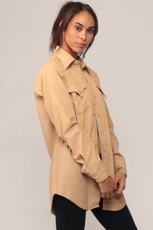 70s Tan Corduroy Pearl Snap Western Shirt Long Sleeve Unisex Small