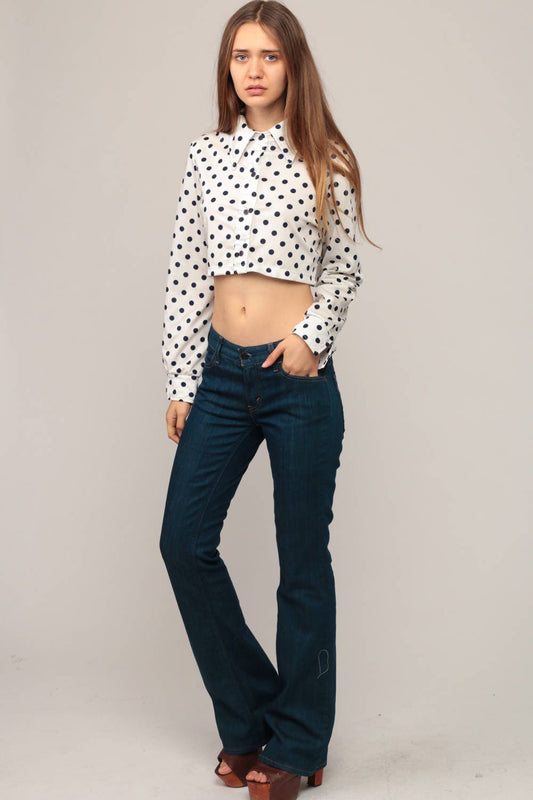 70s White Blue Polka Dot Crop Top Button Up Blouse Long Sleeve Small Medium