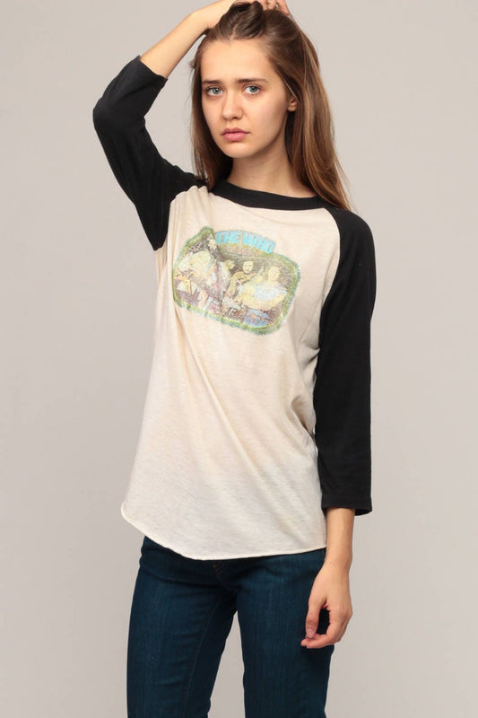 The Who Band Tee 80s Raglan Baseball T-Shirt Distressed Print Large
