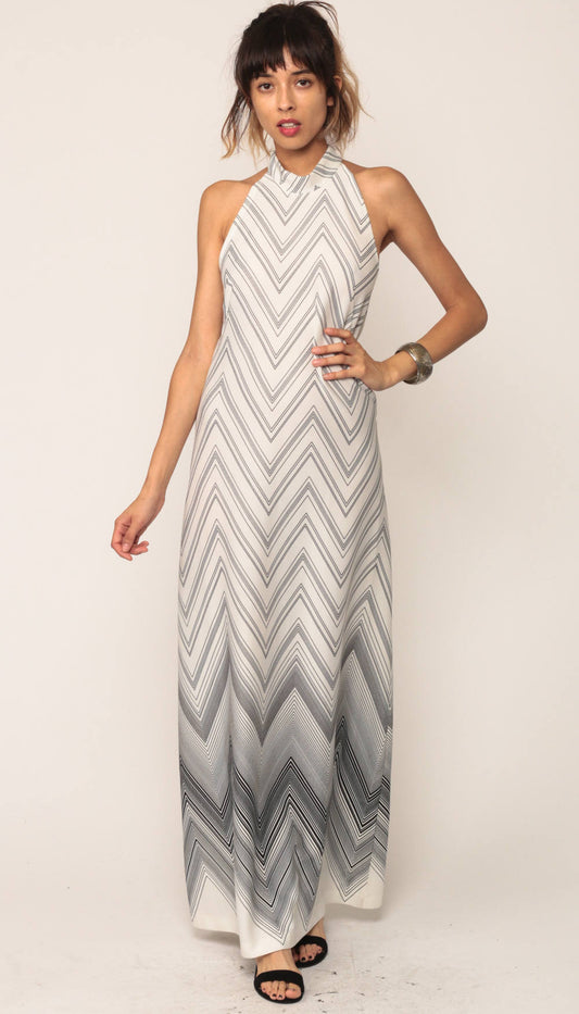 70s Halter Maxi Dress White Black Zig Zag Stripe Open Back Small Medium