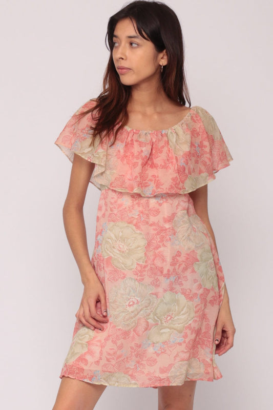 70s Pink Floral Flutter Sleeve Mini Dress Off-Shoulder Small Medium
