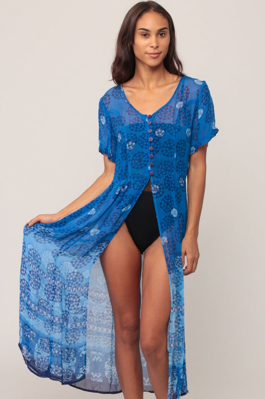 90s Blue Geometric Rayon Maxi Dress Button-Up High Slit Short Sleeve Small Medium