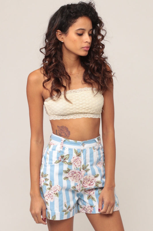 90s Floral Striped High Waisted Denim Shorts Blue Jean Extra Small