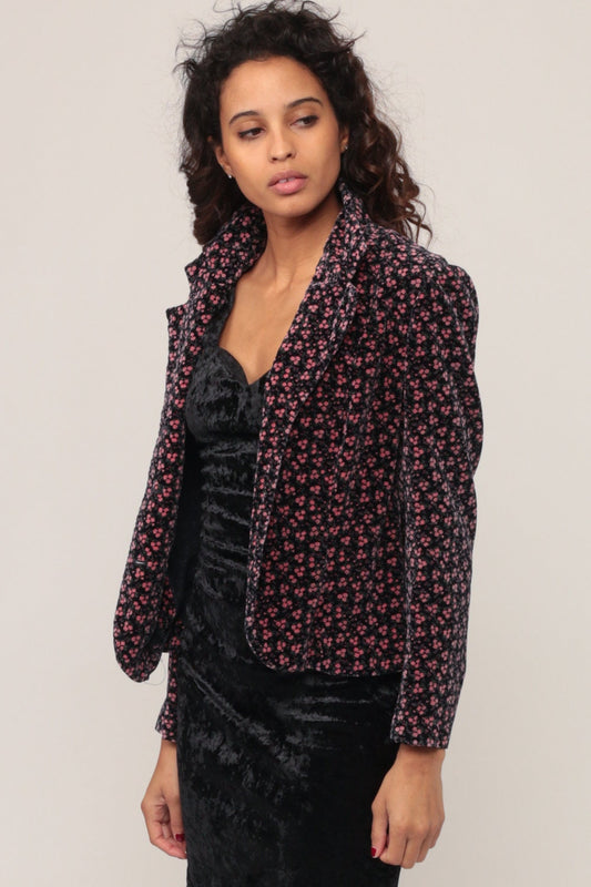 80s Velvet Floral Blazer Jacket Black Pink Extra Small