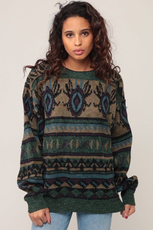 80s Wool Blend Striped Geometric Knit Sweater Green Pullover Extra Large