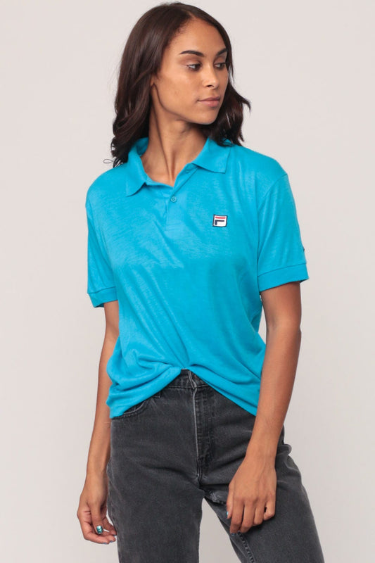 80s Fila Polo Shirt Turquoise Short Sleeve Cotton Blend Small