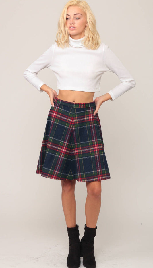 70s Plaid Mini Skirt High Waisted Knit Red Blue White Tartan Medium