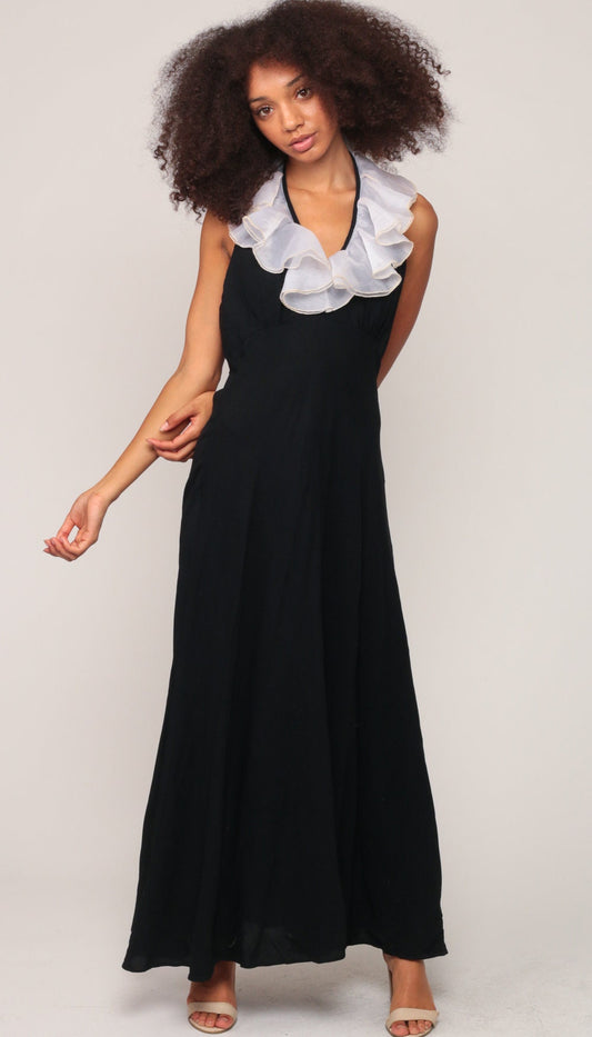 70s Black Maxi Dress Halter Neck White Ruffle Deep V Empire Waist Medium