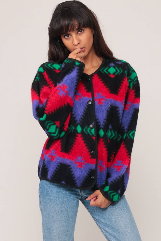 90s Tribal Fleece Jacket Aztec Print Button-Up Blazer Red Purple Medium