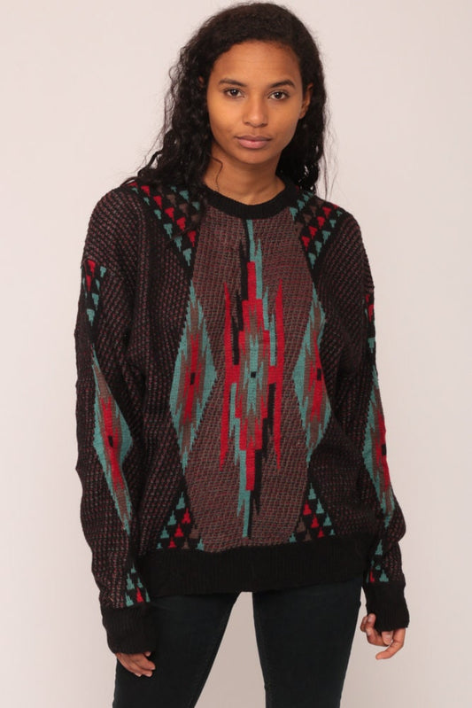 80s Geometric Tribal Print Knit Sweater Black Red Blue Large
