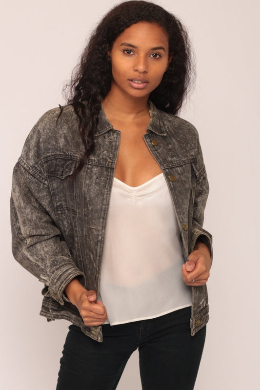 80s Grey Acid Wash Denim Jacket Distressed Unisex Button Up Extra Large XL
