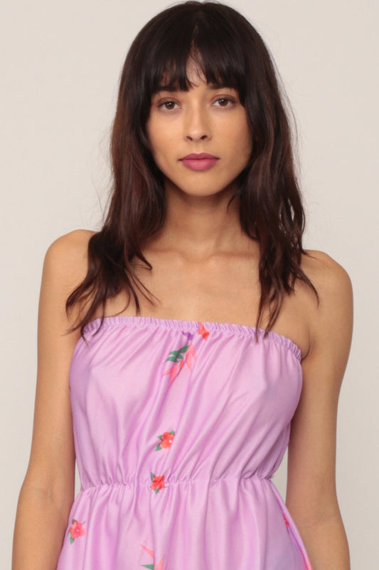 70s Floral Strapless Mini Dress Lavender Purple Smocked Small Medium