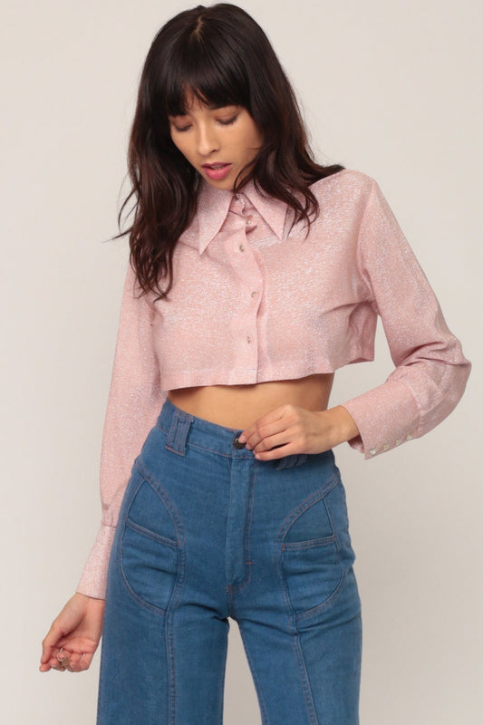 70s Metallic Pink Silver Crop Top Long Sleeve Blouse Small Medium