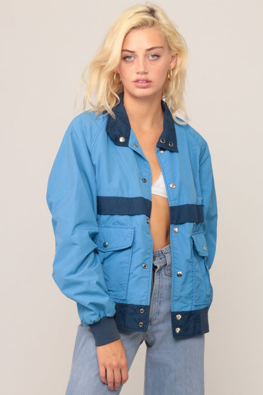 70s Bomber Jacket Baby Blue Nylon Windbreaker Striped Medium