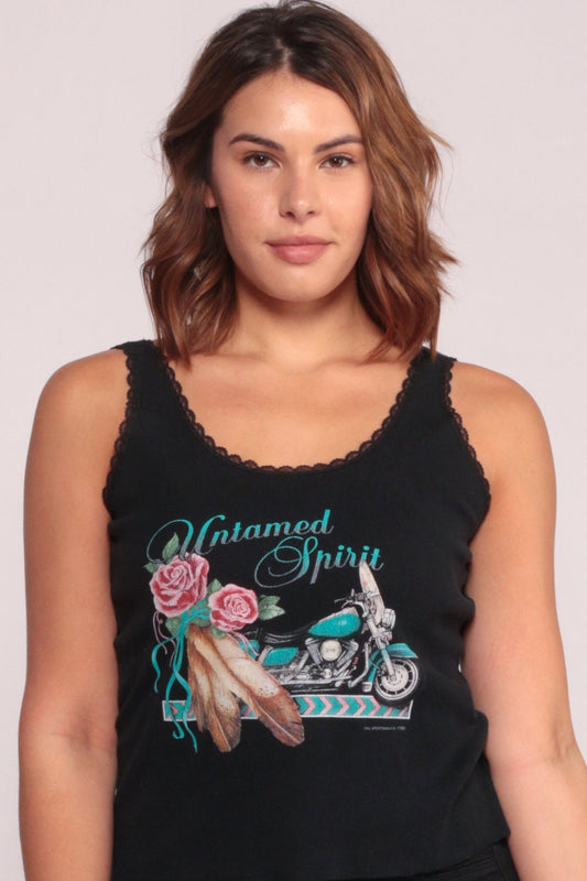 90s Untamed Spirit Motorcycle Biker Tank Top Black Graphic Large