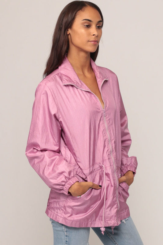 90s Purple Nylon Windbreaker Jacket Floral Embroidered Anorak Small
