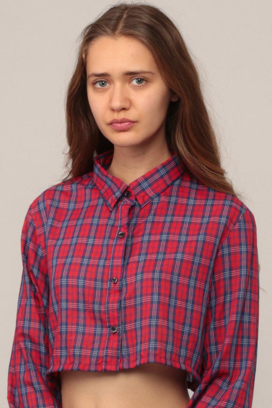 80s Plaid Crop Top Button-Up Blouse Red Blue Long Sleeve Small Medium