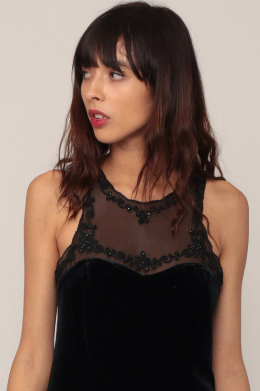 90s Black Velvet Maxi Dress Sequin Mesh Neckline Bodycon Small Medium
